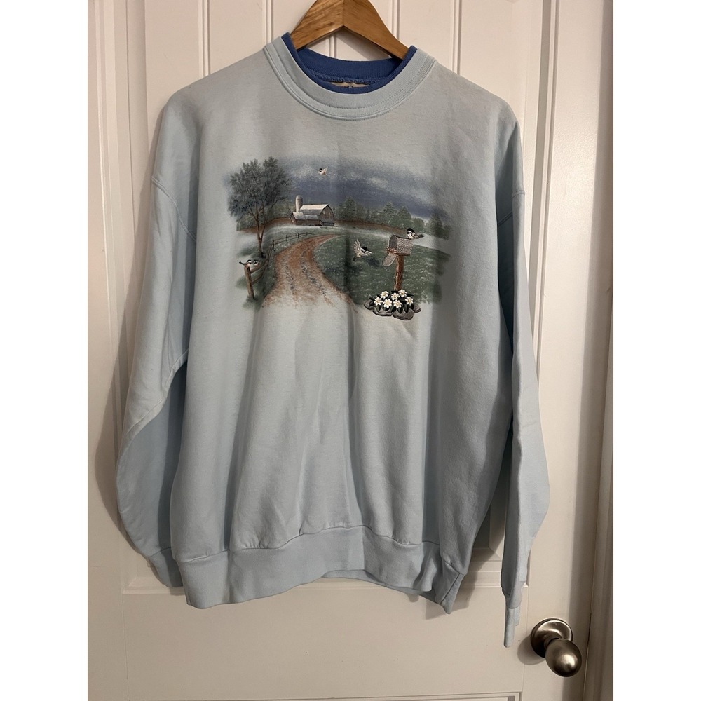 Vintage Top Stitch Morning Sun Embroidered Birds Mock‎ Neck Sweatshirt L Grandma